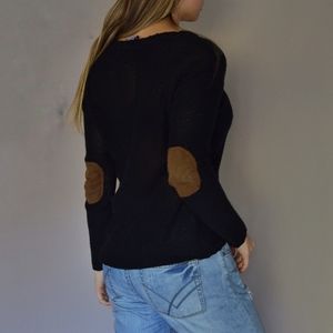 Black Knit Sweater with Brown Elbow Patches